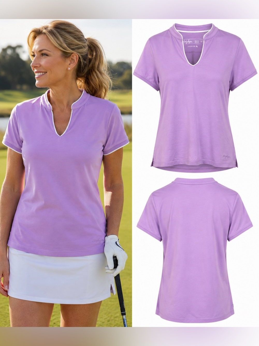 Lady Hagen Hydro-Dri Purple Golf Top M V Neck White Trim